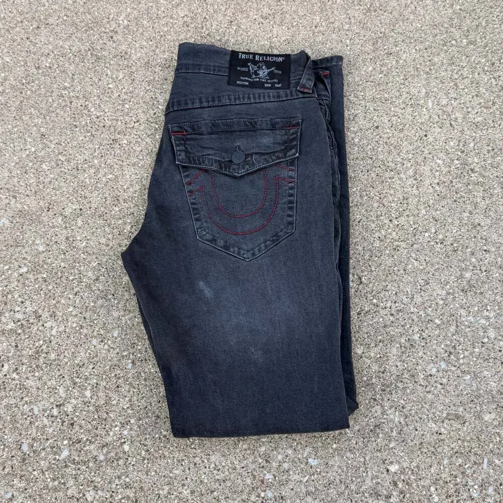 True Religion Ricky Relaxed Straight Leg Jeans with Red Stitching